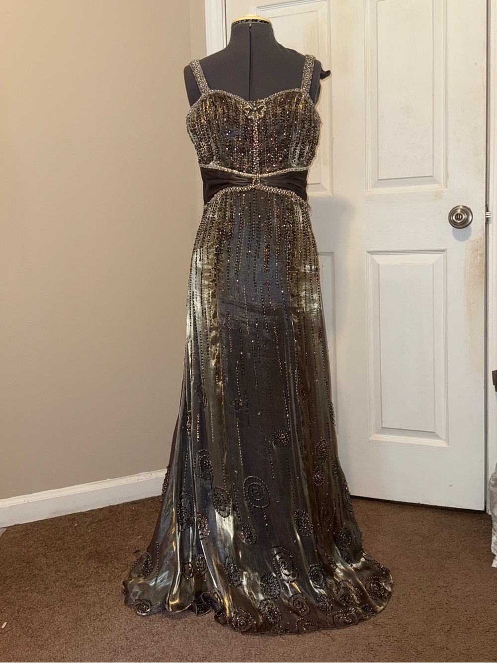 Black and Gold Beaded Evening Gown